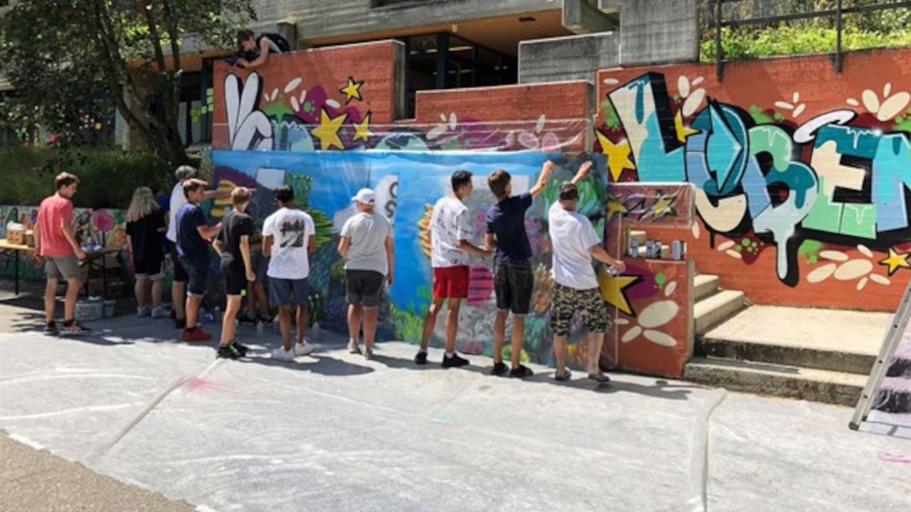 Der Erfahrung des Graffiti Künstlers wird Sie für ein paar Stunden, oder länger, in die fantastische Kunst des Graffiti sprayen, oder Streetart Mural Malen einführen. Dies kann als kurzer Workshop, Konzept orientierter Firmenanlass, oder als gemeinsame Verschönerung einer Wand stattfinden.